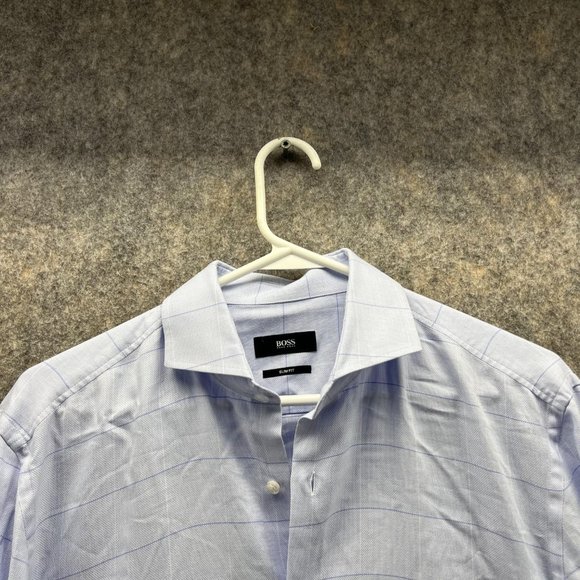 Hugo Boss Shirt Men 39 Blue Casual Button Down Outdoors Dress Slim Fit Check - Picture 11 of 12